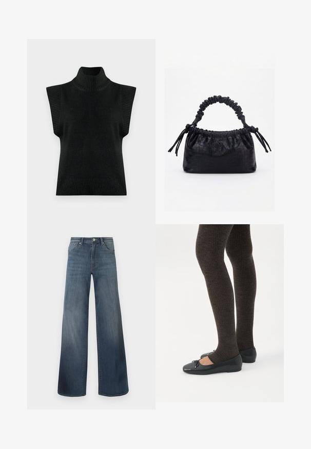 Sort strikket ærmeløs turtleneck sweater vest med ribbet krave, armåbninger og søm på en ensfarvet baggrund.; Bredde denim jeans i mørkeblå, med en slidteknik, knaplukning og fem-lomme stil. Glat tekstur, minimal syning detaljer.; Ben iført mørke ribbede leggings kombineret med sorte balletsko med små sløjfedetaljer på hvid baggrund.; Sort taske med krokodilletekstur, rynket øverste kant, samlet hank og snore med kvaster på hver side mod en hvid baggrund.
