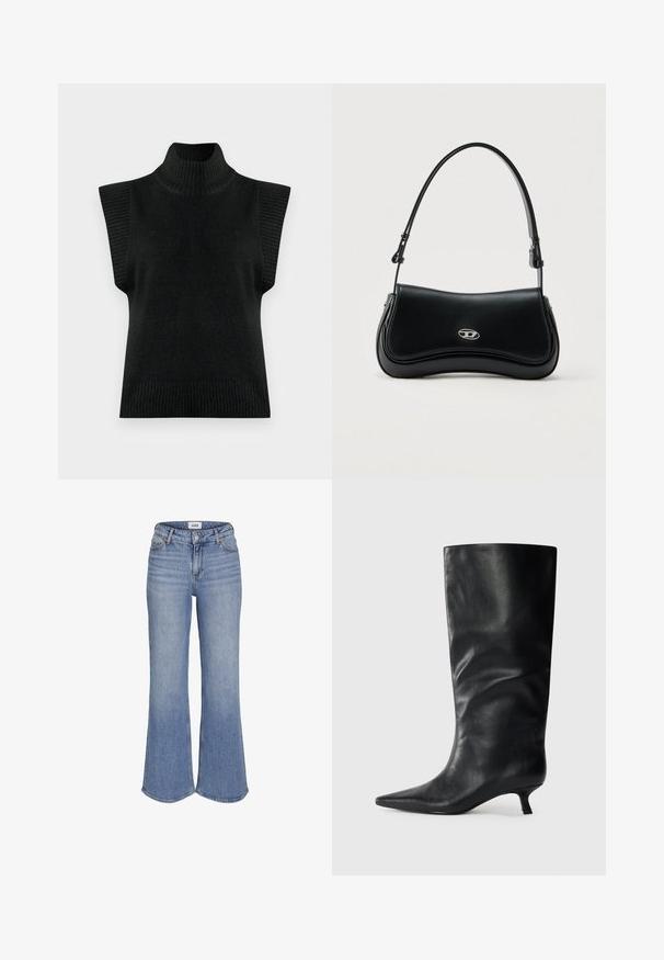 Gilet sans manches en tricot noir à col roulé avec des bords côtelés au niveau du col, des emmanchures et de l'ourlet sur un fond uni.; Jean en denim bleu clair taille haute avec jambes évasées et fermeture à boutons à l'avant.; Bottes en cuir noires jusqu'aux genoux avec un bout pointu et un petit talon, présentées sur un fond clair.; Sac à main en cuir noir avec rabat courbé et logo ovale en argent, doté d'une bandoulière réglable, sur un fond clair uni.