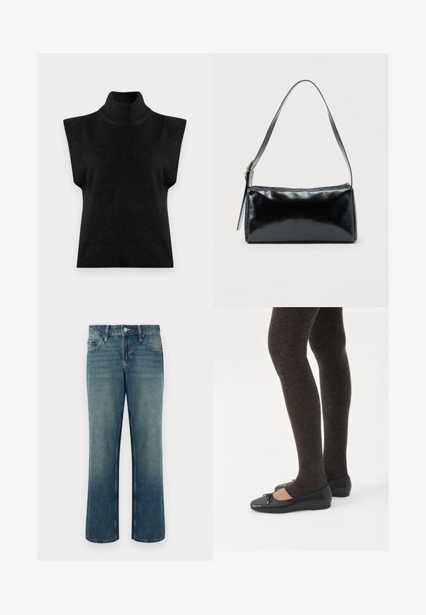 Sort strikket ærmeløs turtleneck sweater vest med ribbet krave, armåbninger og søm på en ensfarvet baggrund.; Blå denimjeans med lige snit, talje i mellemhøjde, fem lommer og diskret falmning. Lukkes med knap og har bæltestropper.; Ben iført mørke ribbede leggings kombineret med sorte balletsko med små sløjfedetaljer på hvid baggrund.; Sort rektangulær skuldertaske med en enkelt justerbar rem og lynlås i toppen på en ensfarvet baggrund.