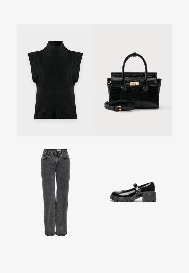 Sort strikket ærmeløs turtleneck sweater vest med ribbet krave, armåbninger og søm på en ensfarvet baggrund.; Sorte denimjeans med lige ben, der har forlommer, bæltestropper og en subtil, falmet tekstur.; Sort patentlæder Mary Jane sko med en kraftig hæl, rund tå og en rem med detajler i form af en hjerteformet spænde.; Sort taske med krokodilletekstur, to håndtag, aftagelig rem og en guldfarvet rektangulær clasp på frontklappen.