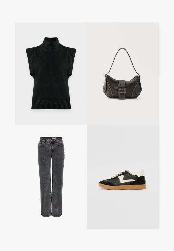 Sort strikket ærmeløs turtleneck sweater vest med ribbet krave, armåbninger og søm på en ensfarvet baggrund.; Sorte denimjeans med lige ben, der har forlommer, bæltestropper og en subtil, falmet tekstur.; Sorte ruskinds- og lædersneakers med en cremefarvet side-swoosh og lys cremefarvet hæl. Har beige snørebånd og en gummirubber-sål.; Sort læder skuldertaske med spænde på remmen, afrundede kanter og kontrasterende hvide syninger på en ensfarvet baggrund.