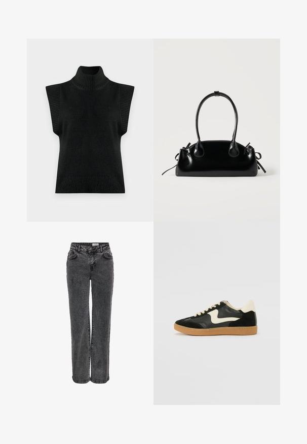 Sort strikket ærmeløs turtleneck sweater vest med ribbet krave, armåbninger og søm på en ensfarvet baggrund.; Sorte denimjeans med lige ben, der har forlommer, bæltestropper og en subtil, falmet tekstur.; Sorte ruskinds- og lædersneakers med en cremefarvet side-swoosh og lys cremefarvet hæl. Har beige snørebånd og en gummirubber-sål.; Lille sort blank håndtaske med to lange håndtag og snøre-detaljer i siden på en ensfarvet lys baggrund.