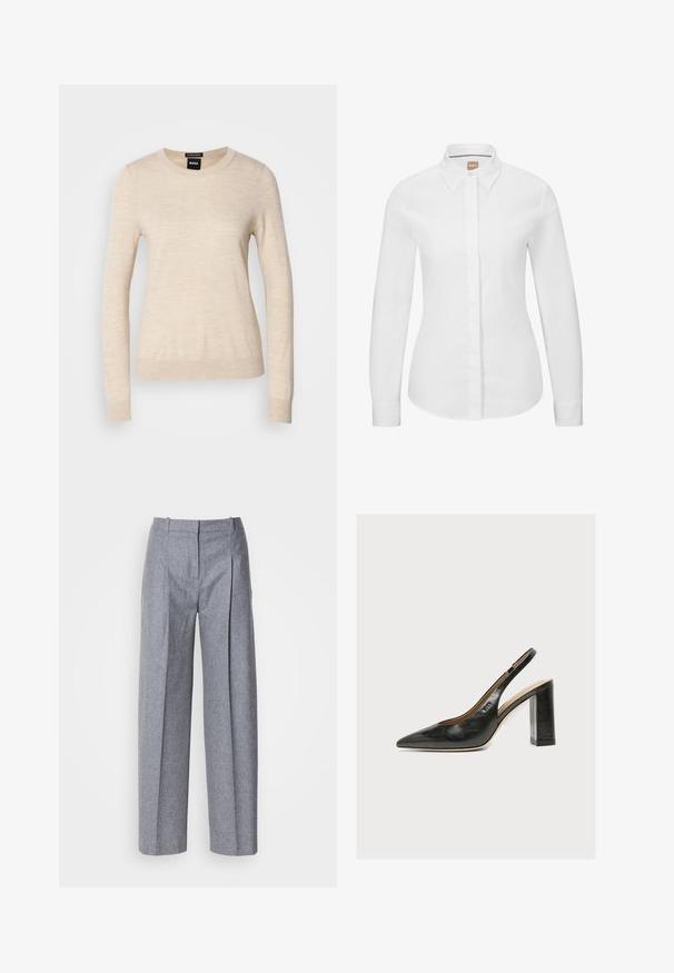 BOSS FERPINA - Neule - light beige; Valkoinen pitkähihaisen nappikauluspaita, valmistettu raikkaasta puuvillakankaasta, jossa on klassinen kaulus, etupaneeli ja muotonsa mukauttava istuvuus. Silkkinen pinta, ilman kuvioita.; Vaaleanharmaat leveät housut, joissa on teksturoitu kangas, etupuolella laskokset ja muotoiltu vyötärö. Minimalistinen muotoilu, ei näkyvää metalliosaa.; Mustasta nahasta valmistettu naisten slingback-kenkä, jossa on terävä kärki ja paksu korkea lohkokorko valkoisella taustalla.