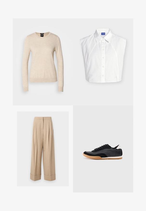 BOSS FERPINA - Pullover - light beige; Chemise blanche sans manches à col boutonné devant, avec étiquette de la marque Hugo à l’intérieur du col et logo brodé subtil près de l’ourlet.; Pantalon beige à jambes larges, taille haute, plis devant et larges revers à l'ourlet, présenté sur fond blanc.; Chaussures de sport noires et grises en matériaux synthétiques, avec un embout noir texturé, une semelle en caoutchouc rainurée et un accent blanc au talon.