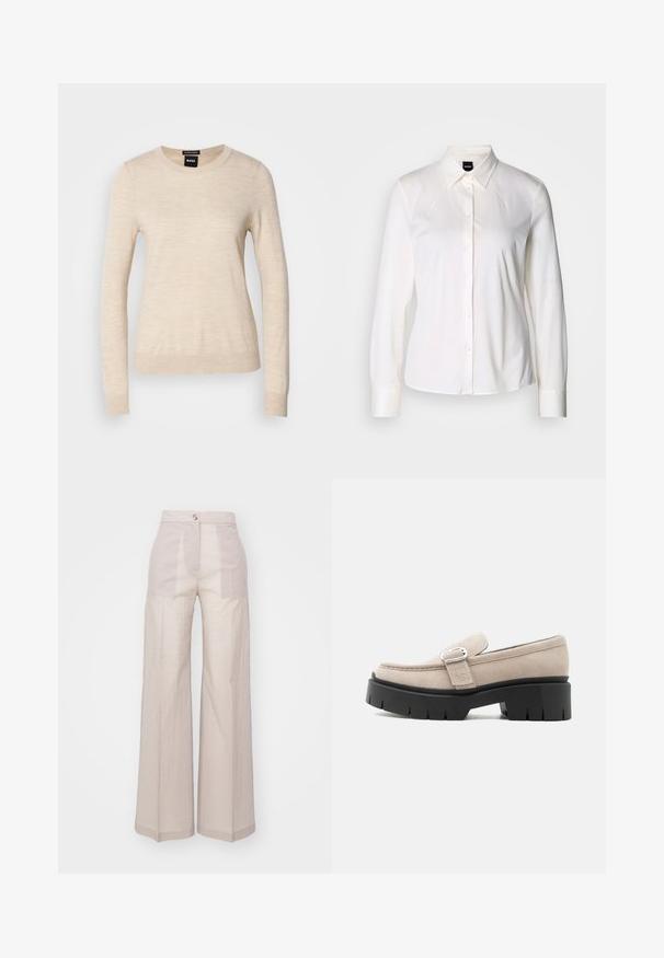 BOSS FERPINA - Džemper - light beige; Valge pikakätiste nööbiga särk klassikalise kraega, pehmest puuvillast kangast, kitsas sobivus ja lihtne disain ilma mustriteta.; Bežid laiad püksid, mis on valmistatud kergest kudumist kangast, kõrge vöökoht, üks esi nööbikinnitus ja peen tekstuur.; Beežid seemisnahast loaferid hõbedase pandla ja paksu musta robustse taldiga, küljevaade valgel taustal.