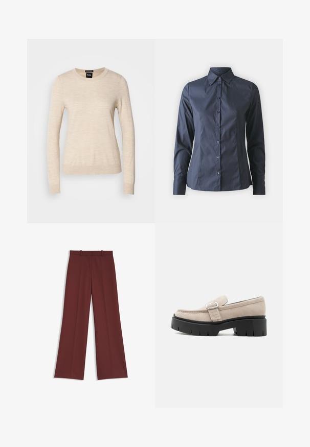 BOSS FERPINA - Svetrík - light beige; Námornícky modrá košeľa s dlhými rukávmi, s gombíkmi na prednej strane, s špicatým golierom a prispôsobeným strihom. Vyrobená z hladkej, ľahkej tkaniny.; Bordové nohavice s vysokým pásom a širokými nohavicami s pútkami na opasok a prednými záhybmi, zobrazené na bielom pozadí.; Béžový semišový mokasín so striebornou sponou a hrubou čiernou robustnou podrážkou, bočný pohľad na bielom pozadí.