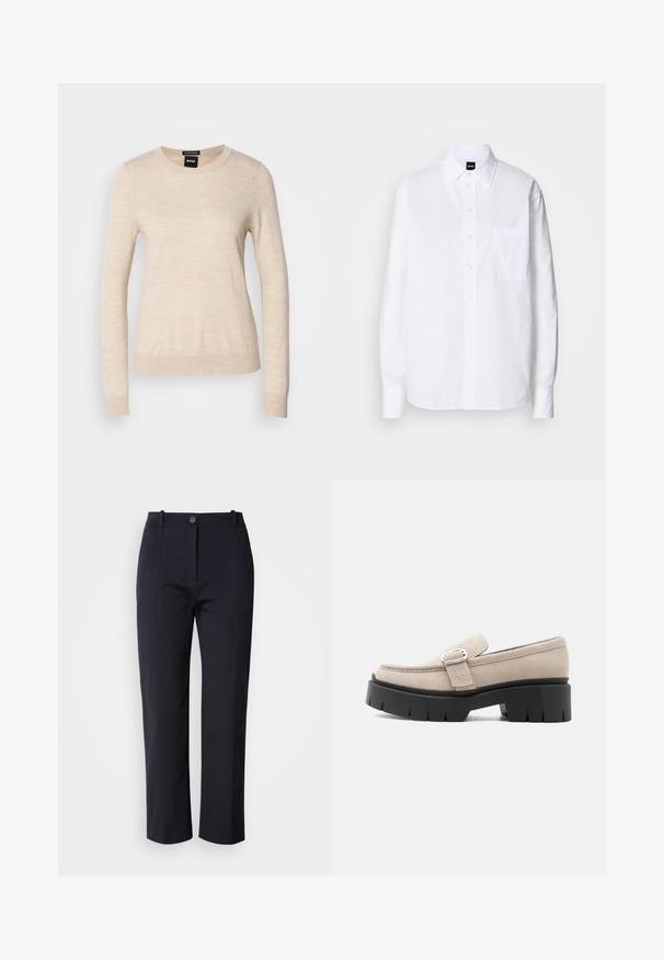 BOSS FERPINA - Džemper - light beige; Valge puuvillane nööbiga särk klassikalise kraega, pikkade varrukatega, rinna tasku ja sileda, krisp tekstuuriga.; Tumed sinised püksid sirge säärega disainiga, valmistatud siledast kangast. Omab eesmine taskuid ja nööbiga kinnitust vööl.; Beežid seemisnahast loaferid hõbedase pandla ja paksu musta robustse taldiga, küljevaade valgel taustal.