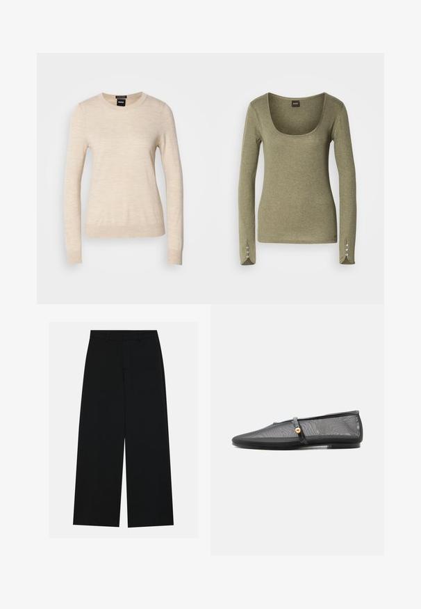 BOSS FERPINA - Svetrík - light beige; Olivovo zelený top s dlhým rukávom a vybíjaným výstrihom, so zúženým strihom a gombíkovými detailmi na manžetách, vyrobený z mäkkej, štruktúrovanej tkaniny.; Pohodlné čierne nohavice s širokými nohavicami vyrobené z hladkého materiálu. Majú plochý pás s pútkami na opasok a žiadne viditeľné vrecká. Jednoduchý dizajn.; Čierna plochá obuv s nízkym podpätkom, sieťovaným zvrškom a tenkým remienkom so zlatým gombíkom cez priehlavok.
