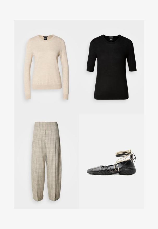 BOSS FERPINA - Jersey de punto - light beige; Suéter negro de manga corta hecho de fina lana merina. Cuello redondo, corte ajustado, textura suave, diseño minimalista, sin patrones o acentos visibles.; Pantalones de cuadros beige con un ajuste holgado, diseño de pierna ancha, textura suave y dobladillo plegado. Patrón de cuadrícula vertical y horizontal en toda la prenda.; Zapato plano negro de cuero con suela texturizada y cordones beige y negros que rodean el tobillo, visto de lado sobre un fondo liso.
