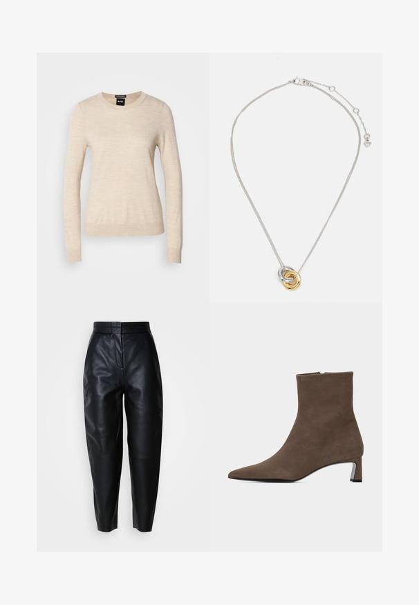 BOSS FERPINA - Jersey de punto - light beige; Pantalones de cuero negros de talle alto y corte ajustado con cremallera frontal y detalles de costura en las rodillas sobre un fondo blanco liso.; Botín de ante marrón con punta puntiaguda, cremallera lateral y tacón bajo tipo bloque sobre un fondo liso claro.; Collar de cadena de plata con dos anillos lisos entrelazados, uno dorado y uno plateado, sobre un fondo blanco.