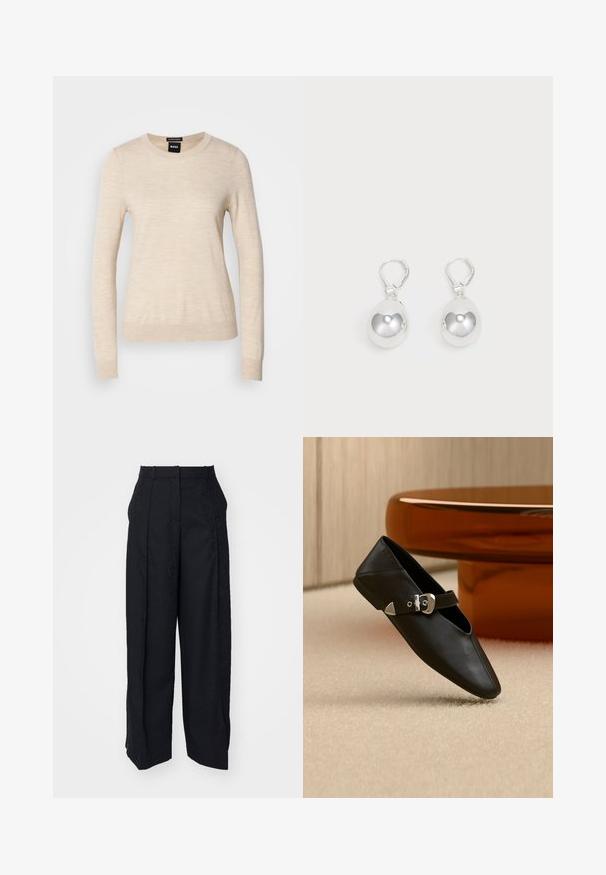 BOSS FERPINA - Jersey de punto - light beige; Pantalones negros con un patrón texturizado. Presentan un frente con pinzas, bolsillos laterales y un diseño de pierna recta. El material parece suave.; Zapato plano de cuero negro con punta puntiaguda y correa con hebilla plateada, colocado sobre una alfombra beige frente a una mesa redonda de color ámbar.; Pendientes de plata en forma de gota con superficies redondas y reflectantes colgando de cierres de palanca. El fondo es blanco liso.