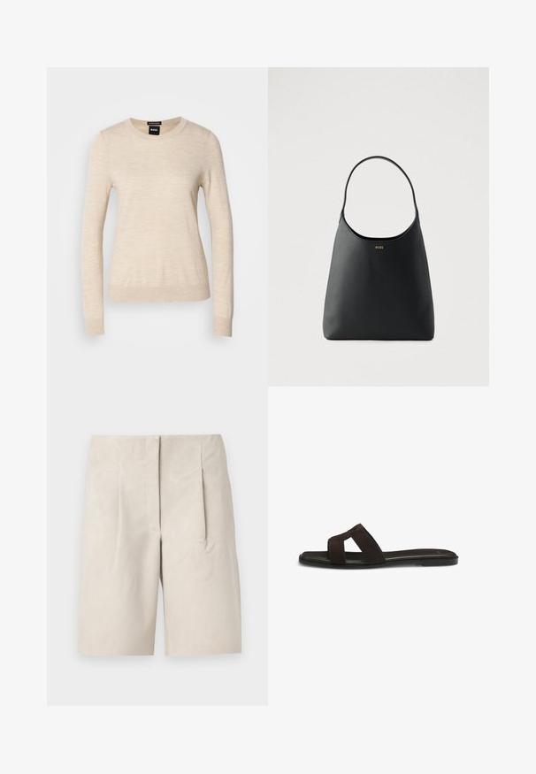 BOSS FERPINA - Neule - light beige; Harmaat mokkanahka shortsit rentoa istuvuutta, joissa on kaksi etupuolen poimua ja siisti vyötärönauha. Sileä pinta, keskipituiset reidet.; Tummahkon ruskea litteä sandaali, jossa kaksi leveää ristiin menevää hihnaa ja avoin varvas mustalla pohjalla, sivulta valkoista taustaa vasten kuvattuna.; Musta nahkainen käsilaukku, jossa on yksi kaareva kahva, sileä pinta ja hillitty logo edessä. Minimalistinen muotoilu ja tilava sisustus.