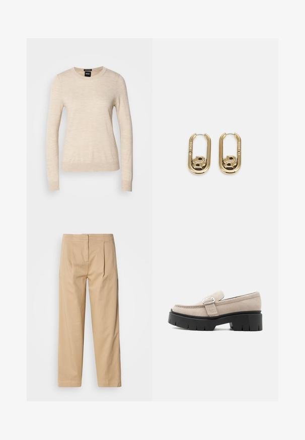 BOSS FERPINA - Džemper - light beige; Beežid puuvillased püksid mugava lõikega, kahel esiküljel voltidega, sirged sääred ja klassikaline nööpkinnitus vöökoha juures.; Beežid seemisnahast loaferid hõbedase pandla ja paksu musta robustse taldiga, küljevaade valgel taustal.; BOSS DOUBLE B SWING - Kõrvarõngad - gold-coloured