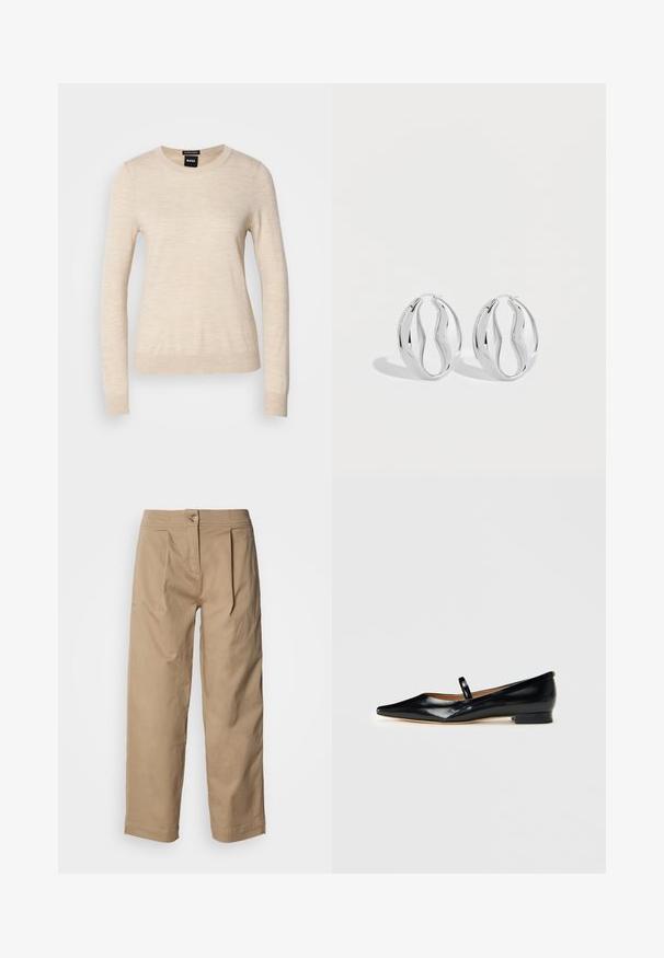 BOSS FERPINA - Striktrøje - light beige; Beige, højtaljede bukser med lige ben, plissédetaljer og knaplukning. Fremstillet af let bomuldsstof med en glat tekstur.; Sorte patenterede læder Mary Jane flade sko med spids tå, én rem og lav hæl på ensfarvet baggrund.; Par af skinnende sølv hængende øreringe med et snoet, bølget design, vist på en ensfarvet lys baggrund.