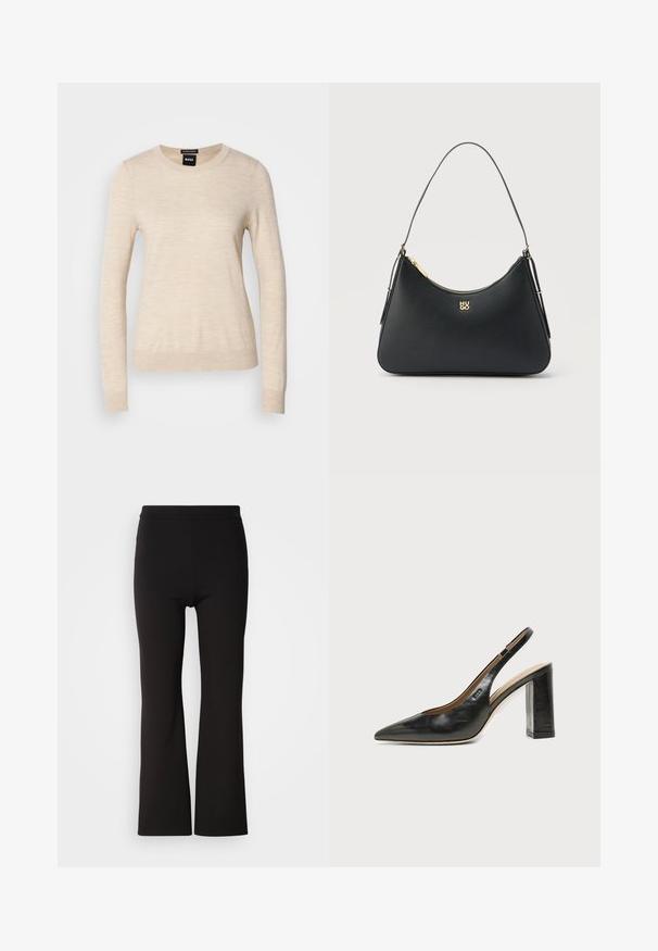 BOSS FERPINA - Jersey de punto - light beige; Pantalones ajustados negros con una tela suave y elástica. Cintura alta, ceñidos en las caderas y sueltos de las rodillas hacia abajo.; Zapato slingback de piel negra con puntera puntiaguda, tacón alto y ancho, y forro interior beige sobre un fondo claro y liso.; Bolso de cuero negro con cremallera dorada, correa delgada y logo "HUGO" dorado centrado en el frente.