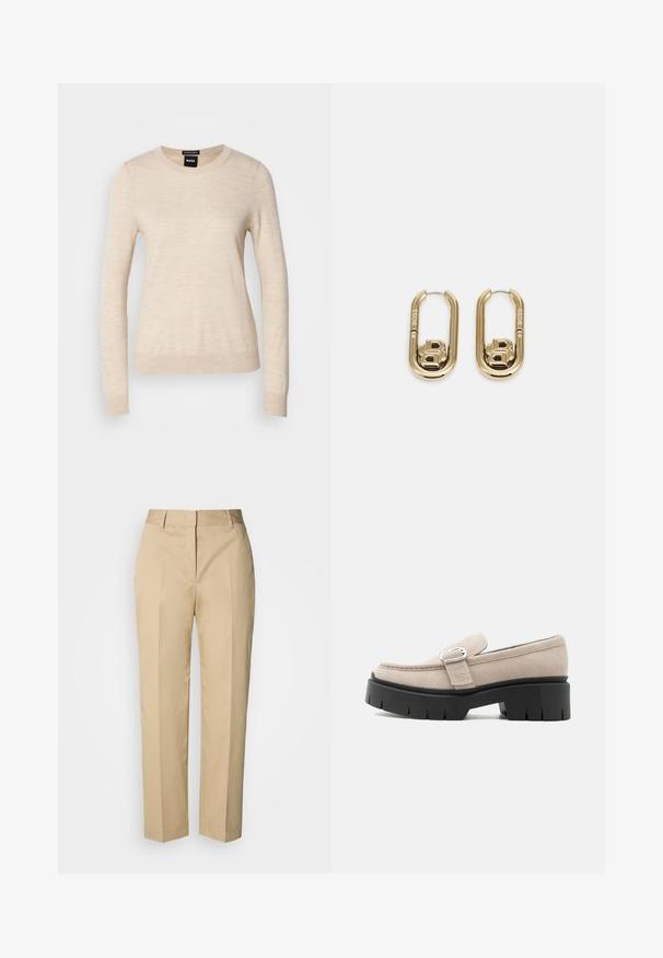 BOSS FERPINA - Svetrík - light beige; Béžové nohavice s rovnými nohavicami, pútkami na opasok, predným záhybom a skrytým zapínaním, zobrazené na svetlom pozadí.; Béžový semišový mokasín so striebornou sponou a hrubou čiernou robustnou podrážkou, bočný pohľad na bielom pozadí.; BOSS DOUBLE B SWING - Náušnice - gold-coloured