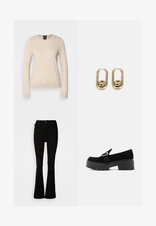 BOSS FERPINA - Trui - light beige; Zwarte flared jeans van denim, met een hoge taille, voorzakken en een klassiek vijf-pocket ontwerp met metalen accenten.; Zwarte suède loafer met stevige profielzool, zilveren gespsluiting en geperst "HUGO" op de zijriem, weergegeven vanaf de buitenkant.; BOSS DOUBLE B SWING - Oorbellen - gold-coloured