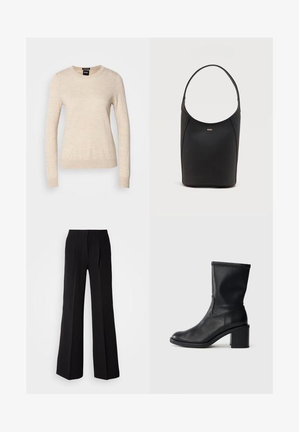 BOSS FERPINA - Strickpullover - light beige; Schwarze Hose aus glattem Stoff, mit hohem Bund, weitem Schnitt und zwei vorderen Falten für zusätzlichen Designakzent.; Schwarze Leder-Ankle Boots mit runder Zehenform, glatter Oberfläche und dicker Absatz, ausgestattet mit einem eng anliegenden Schaft und subtilen Nähten.; Schwarze Leder-Bucket-Bag mit einem einzelnen Schulterriemen und kleinem goldfarbenem BOSS-Logo, zentriert nahe der oberen Vorderseite.