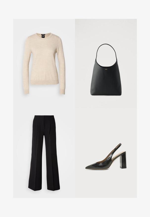 BOSS FERPINA - Strickpullover - light beige; Schwarze Hose aus glattem Stoff, mit hohem Bund, weitem Schnitt und zwei vorderen Falten für zusätzlichen Designakzent.; Schwarzer Leder-Slingback-Schuh mit spitzer Kappe, hohem Blockabsatz und beigegefüttertem Innenraum vor hellem, einfarbigem Hintergrund.; Schwarze Lederhandtasche mit einem einzelnen, geschwungenen Griff, glatter Textur und einem dezenten Logo vorne. Minimalistisches Design und ein geräumiges Inneres.