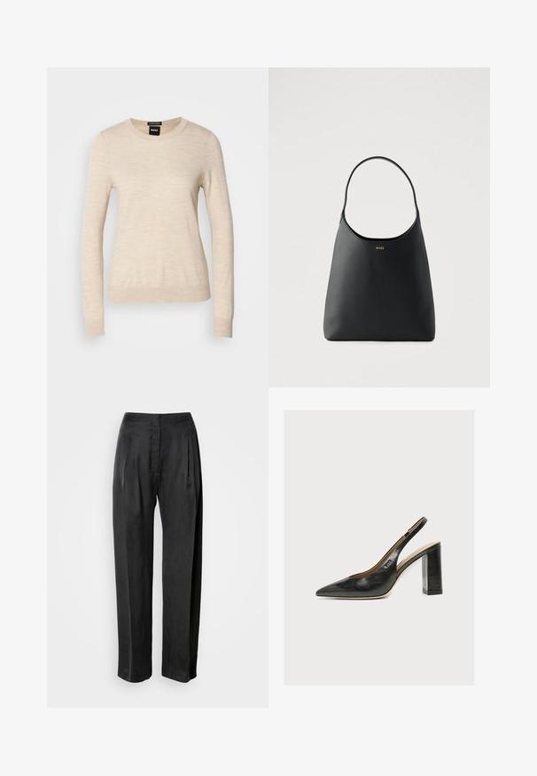 BOSS FERPINA - Strickpullover - light beige; Schwarze Hosen mit weitem Bein aus glattem Stoff, mit vorderen Falten, einem Reißverschluss und einem klassischen Bunddesign.; Schwarzer Leder-Damenslingback-Schuh mit spitzer Zehenpartie und dickem hohem Blockabsatz vor weißem Hintergrund.; Schwarze Lederhandtasche mit einem einzelnen, geschwungenen Griff, glatter Textur und einem dezenten Logo vorne. Minimalistisches Design und ein geräumiges Inneres.