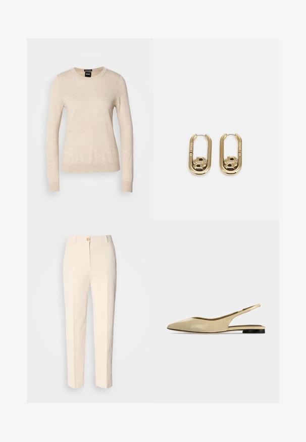 BOSS FERPINA - Trui - light beige; Crèmekleurige, hooggerocalde broeken van een gestructureerde stof. Voorzien van een sluiting met knoop aan de voorkant en taps toelopende pijpen.; Beige platte slingback schoen met puntige neus, lage zwarte hak en een glad leren afwerking, zijaanzicht op een effen achtergrond.; BOSS DOUBLE B SWING - Oorbellen - gold-coloured
