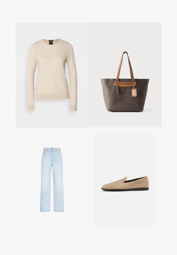 BOSS FERPINA - Striktrøje - light beige; Lyseblå, vidde jeans med høj talje, forknap og lynlås, bæltestropper samt lommer foran og bagpå.; Beige ruskind slip-on loafer med sort sål, lav hæl og rund tå, vist fra siden på hvid baggrund.; Brun Michael Kors shopper-taske med lange lysebrune håndtag, forreste lynlåslomme og påsat lædermærke, sat mod en ensfarvet hvid baggrund.