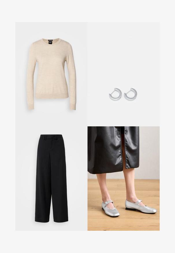 BOSS FERPINA - Neule - light beige; Mustat leveälahkeiset housut, jotka on valmistettu sileästä kankaasta ja joissa on tasainen etuosa, laskostettuja yksityiskohtia sekä vyölenkit vyötäröllä.; Hopeasaumaiset balettioksit, joissa on pyöreä kärki ja soljella varustettu hihna. Ne tarjoavat matalan kantapään ja sileän, kiiltävän pinnan.; Hopehopeita hopeat, joilla on sileä metallinen pinta ja pyöreä kuun muotoinen muotoilu, jossa on kapea pohja sulkemista varten.