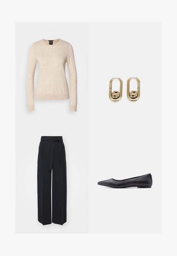 BOSS FERPINA - Jersey de punto - light beige; Pantalones negros de pierna ancha hechos de una tela suave. Presentan una cintura con cinturón y pliegues en la parte delantera. Textura suave con un diseño limpio y contemporáneo.; Zapato plano de cuero negro con punta puntiaguda y tacón bajo, mostrado de perfil contra un fondo blanco.; BOSS DOUBLE B SWING - Pendientes - gold-coloured