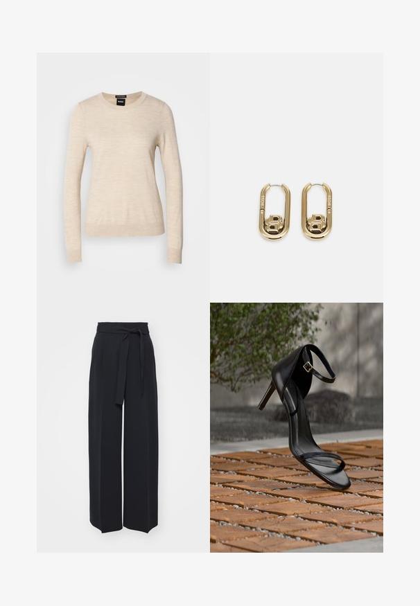 BOSS FERPINA - Trui - light beige; Zwarte wijde broek van zachte stof. Voorzien van een ceintuur en plooien aan de voorkant. Glad textuur met een strakke, hedendaagse stijl.; Zwarte hoge hak sandaal met enkelbandje zweeft boven een houten tegelvloer buiten, met een onscherpe groene en stenen achtergrond.; BOSS DOUBLE B SWING - Oorbellen - gold-coloured