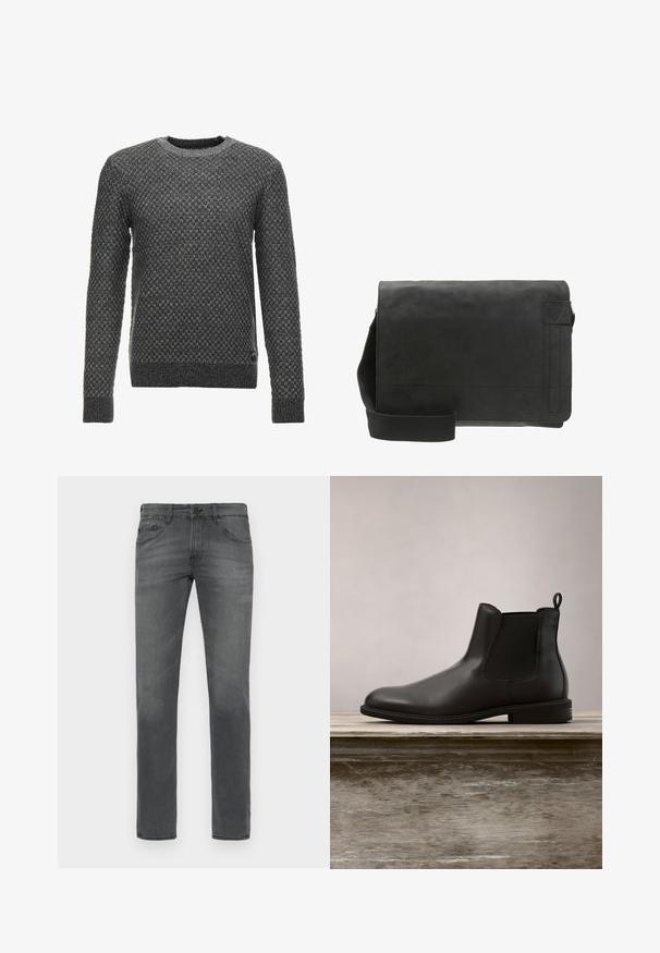 Suéter de punto gris con un patrón texturizado, cuello redondo y mangas largas. Presenta un dobladillo y puños de canalé.; Jeans de denim gris con un corte recto clásico, que cuentan con un diseño estándar de cinco bolsillos y una sutil textura descolorida en todo su recorrido.; Botín negro de cuero con textura suave, puntera redonda, paneles laterales elásticos y un tirador, ubicado sobre una superficie de madera.; Bolso mensajero de cuero negro con una textura suave, cierre de solapa, correa de tela ajustable y un discreto logo en relieve en la parte frontal.