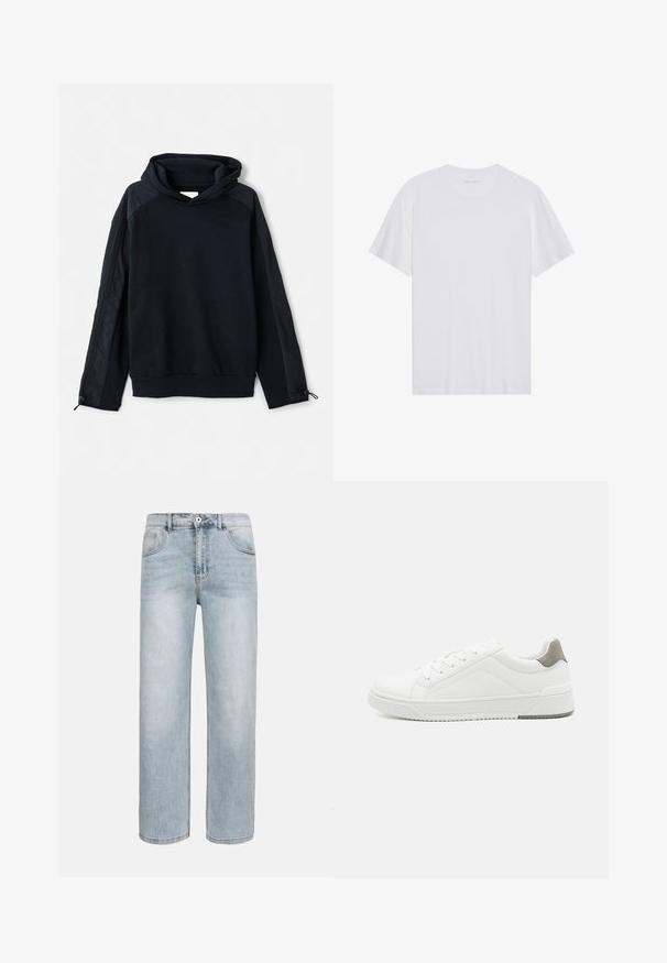 Pier One by Zalando Φούτερ - black; Λευκό βαμβακερό T-shirt με κοντά μανίκια, στρογγυλή λαιμόκοψη και λεία υφή. Διαθέτει μινιμαλιστική επωνυμία στη λαιμόκοψη.; Ανοιχτό μπλε τζιν με ίσια μπατζάκια, μπροστινές τσέπες, κούμπωμα με κουμπί και διακριτική ξεθώριαση στους μηρούς και τα γόνατα.; Λευκά αθλητικά παπούτσια από λεία δέρμα, με στρογγυλή μύτη, μινιμαλιστικό σχέδιο, γκρι λεπτομέρεια στη φτέρνα και υφασμάτινη αντιολισθητική σόλα.