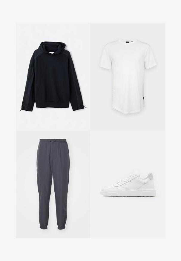 Pier One by Zalando Φούτερ - black; Λευκή κοντομάνικη μπλούζα φτιαγμένη από βαμβάκι, με στρογγυλή λαιμόκοψη και ελαφρώς μακρύτερη πλάτη, που διαθέτει μια μικρή λογότυπο λεπτομέρεια στο πλάι.; Σκούρες γκρι ελαφριές παντελόνες με ελαστική μέση και ρυθμιζόμενο κορδόνι, κομμένες σε σχήμα κώνου, με ελαστικές μανσέτες στους αστραγάλους.; Λευκά δερμάτινα αθλητικά παπούτσια με απλή επιφάνεια, στρογγυλή μύτη, επίπεδα κορδόνια και ανάγλυφη σόλα. Γκρι σουέτ λεπτομέρεια στη φτέρνα.