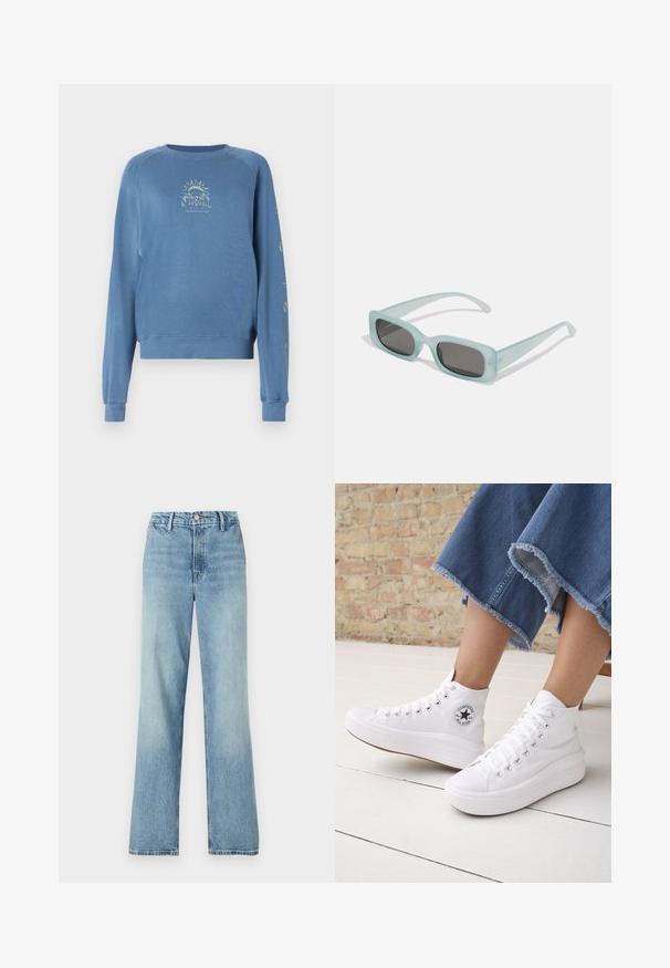 Blå crewneck sweatshirt lavet af blødt stof. Den har et grafisk design på forsiden med tekst og solmotiver på ærmerne.; Good American GOOD CARPENTER - Wide leg - indigo; Person iført hvide høje Converse-sneakers med tykke såler og beskårne blå jeans med flossede kanter mod en murstensvæg og hvidt gulv.; Et par rektangulære solbriller med lyseblå gennemsigtige stel og mørkegrå linser, der har lige templer og minimale hardware detaljer.