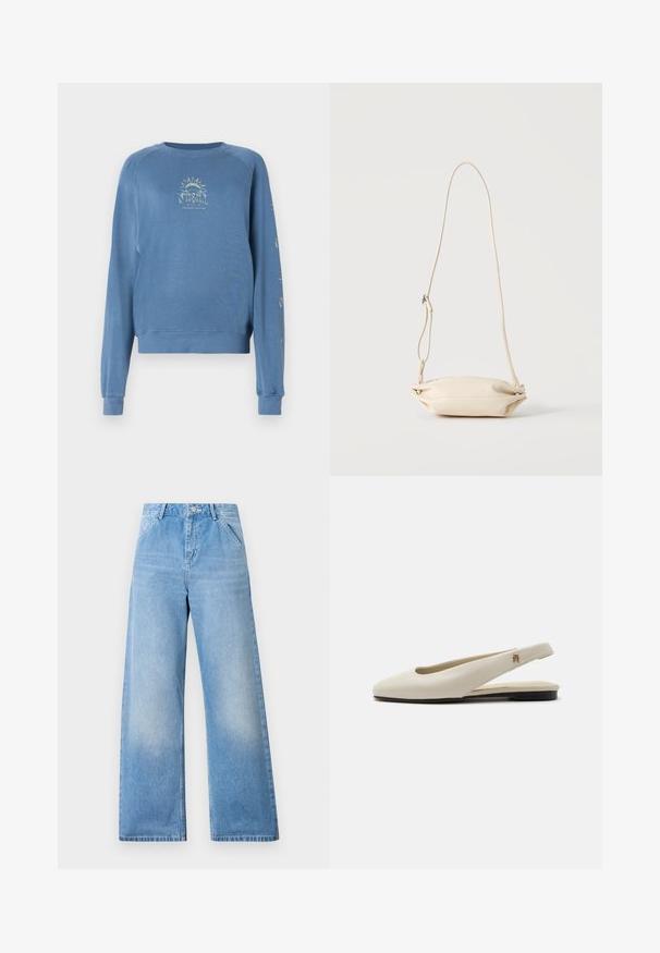 Blauwe crewneck sweater gemaakt van zachte stof. Het heeft een grafisch ontwerp op de voorkant met tekst en zonmotieven op de mouwen.; Lichtblauwe denim wide-leg jeans met een hoog elastische tailleband, voorzien van twee voorzakken en een knoopsluiting. Schoon afgewerkt met minimale vervaging.; Crèmekleurige leren slingback platte schoen met ronde neus en klein gouden embleem op het bandje.; Kleine beige leren crossbody tas met verstelbare riem, getoond tegen een effen lichte achtergrond.
