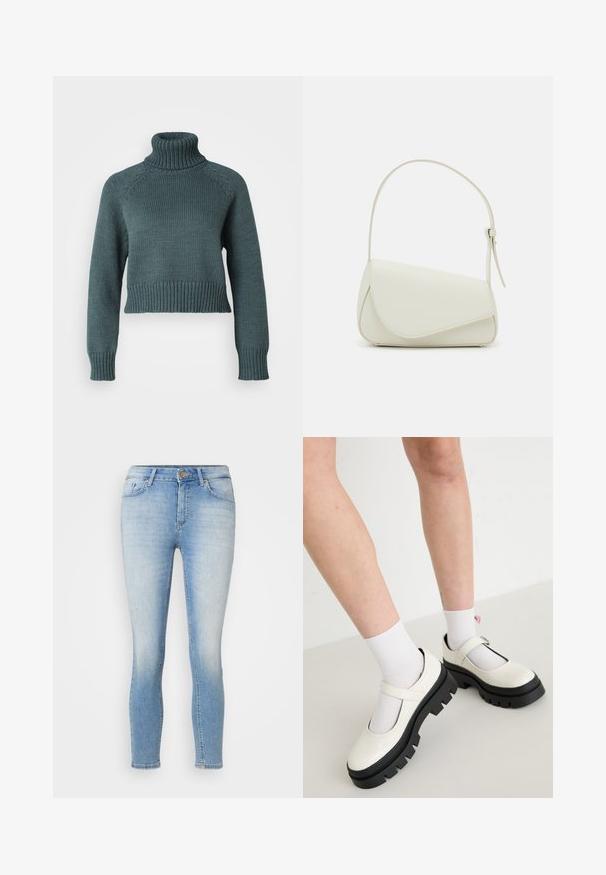 Vero Moda Petite VMMIRANDA - Džemper - balsam green; Heledad sinised kitsad teksad, millel on ees nupp ja tõmblukk, viis taskut ning delikaatne pleekimine reitel ja põlvedel.; Valged lakknahast Mary Jane kingad paksu musta tallaga, millel on rihm üle jala ning mille juurde on kantud valged sokid.; Valge kunstnahast käekott, millel on struktureeritud kolmnurkne kuju, üks reguleeritav rihm ja kõverjooneline klapp.