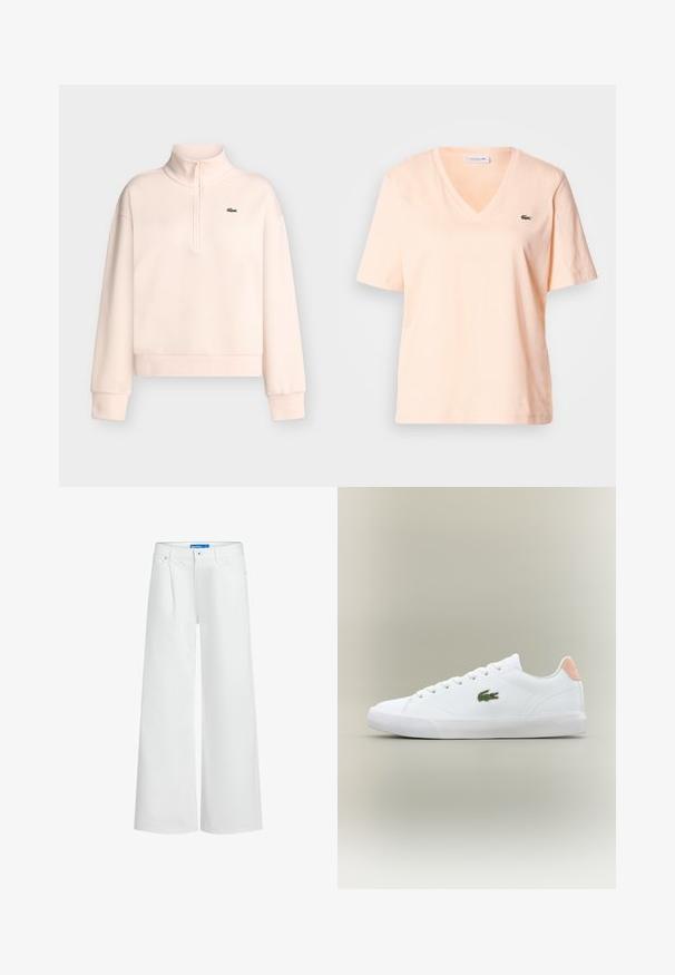 Sweat-shirt rose clair à manches longues avec col montant zippé et petit logo crocodile vert sur la poitrine gauche.; T-shirt col V couleur pêche pâle en coton, à manches courtes, avec un petit logo vert Lacoste sur le côté gauche de la poitrine.; Pantalon blanc à jambes larges avec pli devant, fermeture à bouton et zip, passants de ceinture et poches latérales.; Baskets blanches à lacets avec un extérieur en cuir lisse, un embout texturé et un logo brodé vert ; dotées d'un accent rose à l'arrière.