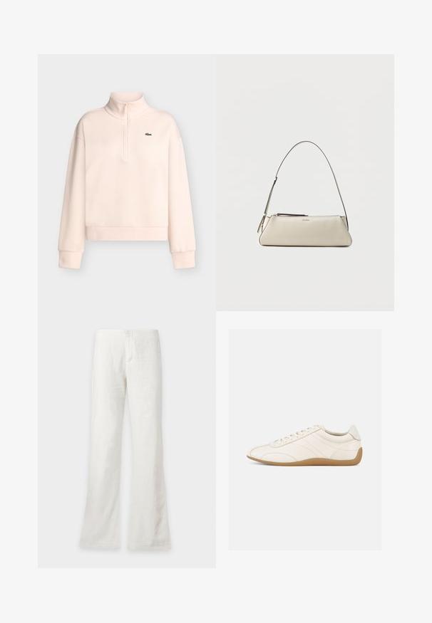 Sweat-shirt rose clair à manches longues avec col montant zippé et petit logo crocodile vert sur la poitrine gauche.; Pantalon blanc droit avec une taille haute et une fermeture à boutons sur le devant, présenté sur un fond uni.; Baskets en cuir blanc à texture lisse, bout arrondi et coutures ton sur ton. Elles comportent une semelle en caoutchouc beige et une fermeture à lacets.; Petit sac à épaule en cuir beige avec une fine bandoulière et une fermeture éclair, orné d'un logo métallique discret au centre avant.
