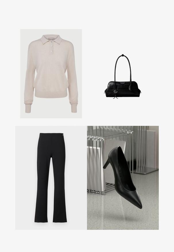 Beige strikket polo-sweater med lange ærmer, knaplukning, ribbede manchetter og kant, med en blød tekstur og afslappet pasform.; Sorte bukser med høj talje og lige ben med en let udvidelse nederst, vist på en ensfarvet lysegrå baggrund.; Sort læder højhælet sko med spids tå og en slank hæl, sat mod en minimalistisk baggrund med metal og neutrale farver.; Sort skuldertaske i krokodillelæder med lange stropper og lille sølvlogo-charm på den ene strop.