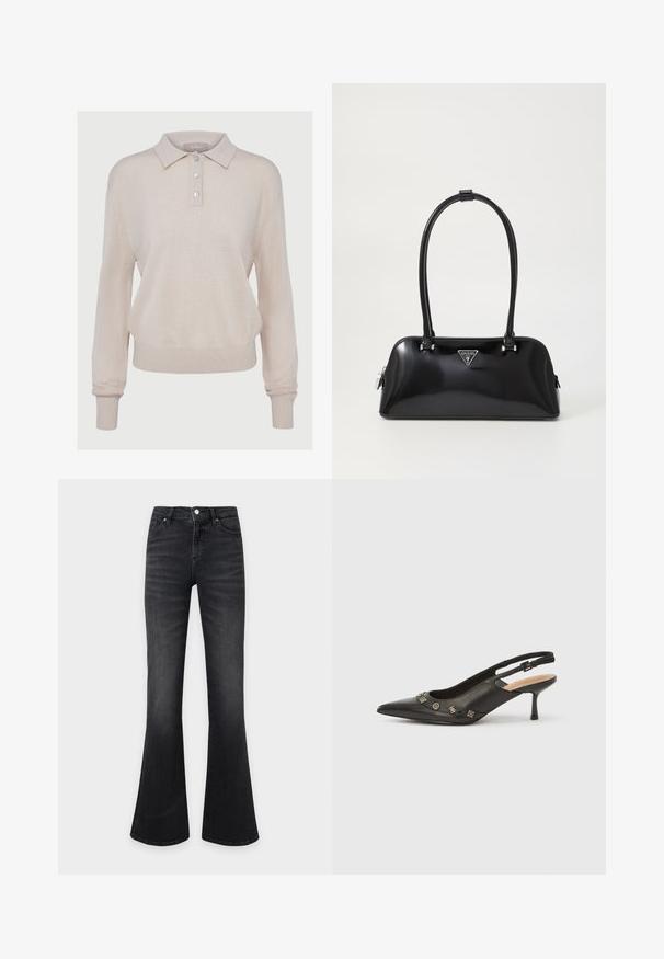 Beige strikket polo-sweater med lange ærmer, knaplukning, ribbede manchetter og kant, med en blød tekstur og afslappet pasform.; Sorte cowboybukser med høj talje, vidde ben, for-åbning med knap og lynlås samt fem-lomme-design.; Sort slingback-pumpe i læder med spids tå, lille hæl og dekorative metalakcenter langs frontåbningen. Glat tekstur.; Sort glanshandtaske med en buet silhuet, to håndtag og en frontlogo-plakette. Lynlås lukning og skinnende hardware-detaljer.