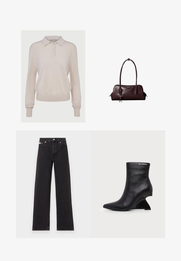 Pull polo en tricot beige à manches longues, col boutonné, poignets et ourlet côtelés, avec une texture douce et une coupe décontractée.; Jeans noirs à jambes larges en denim, avec une taille haute, une coupe à cinq poches et une fermeture à bouton en métal avec des coutures contrastantes.; Bottine en cuir noir avec talon sculpté incurvé et logo Karl Lagerfeld près du bord supérieur sur fond blanc.; Sac à main en cuir brun foncé Calvin Klein avec de longues poignées doubles et un petit porte-clé logo suspendu à une poignée.