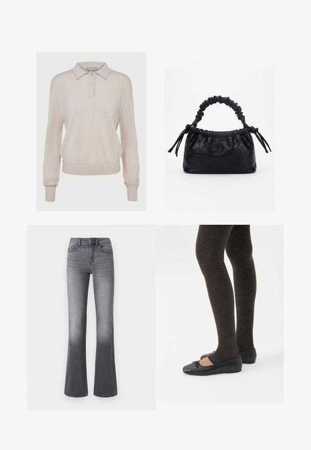 Pull polo en tricot beige à manches longues, col boutonné, poignets et ourlet côtelés, avec une texture douce et une coupe décontractée.; Jean flare taille haute en denim gris foncé, avec poches frontales, fermeture à bouton et légère décoloration vers l'ourlet.; Jambes portant des leggings côtelés foncés associés à des ballerines noires avec de petits détails en nœud sur fond blanc.; Sac à main noir avec texture crocodile, bord supérieur froncé, poignée plissée et pompons à cordon de chaque côté sur fond blanc.