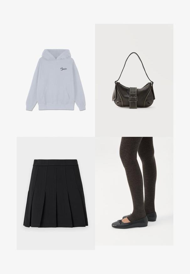 Sudadera gris claro de mezcla de algodón, con un bolsillo tipo canguro en la parte delantera, capucha con cordones y un pequeño logo en cursiva negra en el pecho.; Falda negra plisada hecha de un material liso. Cuenta con una cinturilla ancha y múltiples pliegues tipo cuchillo que se extienden verticalmente.; Piernas con leggings oscuros acanalados combinados con bailarinas negras que presentan pequeños detalles de lazo sobre un fondo blanco.; Bolso de hombro de cuero negro con detalle de correa con hebilla, bordes curvos y costuras blancas en contraste sobre un fondo liso.