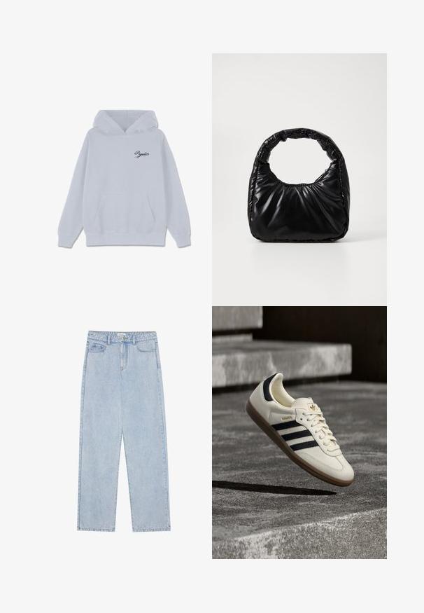 Lichtgrijze hoodie van een katoenmix, met een voorste kangoeroezak, een capuchon met trekkoord en een klein zwart cursief logo op de borst.; Lichtblauwe, high-waisted denim jeans met een straight-leg snit, vijf zakken en zichtbare stiksels. Het materiaal heeft een klassieke wassing.; Witte Adidas Samba sneaker met zwarte strepen en gumzool, zwevend boven gestructureerde grijze betonnen treden.; Zwarte gevoerde handtas met een ronde handgreep, met een gladde, glanzende oppervlakte en een zachte, gewatteerde textuur. Geen zichtbare metalen onderdelen of accenten.