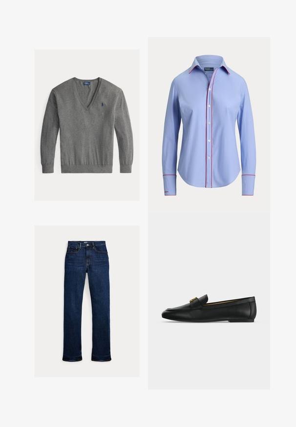 Pull gris pour homme en V à manches longues avec petit logo bleu brodé sur la poitrine gauche.; Chemise bleu clair à manches longues avec boutons, finition en biais rouge le long de la ligne des boutons, des bords du col et des poignets, avec une étiquette Polo by Ralph Lauren.; Jean droit en denim bleu foncé avec bouton et fermeture éclair à l'avant, design à cinq poches et coutures visibles.; Chaussure mocassin en cuir noir avec un détail boucle en métal doré sur le dessus, semelle plate et couture le long du bord supérieur.