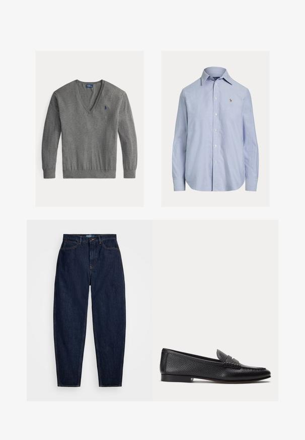 Pull gris pour homme en V à manches longues avec petit logo bleu brodé sur la poitrine gauche.; Chemise bleu clair à manches longues avec boutons, col pointu et petit logo brodé sur la poitrine gauche.; Jeans en denim bleu marine avec une coupe droite, dotés de surpiqûres orange, d'une fermeture à bouton à l'avant et de cinq poches.; Mocassin en cuir texturé noir avec petit talon et détail classique de bride à pièce, présenté de profil sur un fond clair uni.