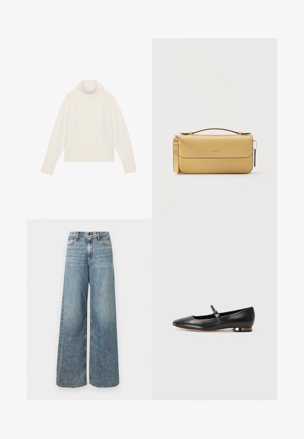 Lyscreme turtleneck sweater med ribbet tekstur, raglanærmer og tætsiddende kant. Blødt materiale og afslappet silhuet.; Lyseblå vidbenede jeans lavet af denim, med høj talje, falmet tekstur, design med fem lommer og kontrasterende syninger.; Sort læder ballerina flad med spids tå, minimal ankelrem og en lille metal blokhæl. Glat tekstur, ingen synlige mønstre.; Rektangulær beige læderhåndtaske med topgreb, aftagelig håndledsrem og frontklaplukning med diskret logo prægning.