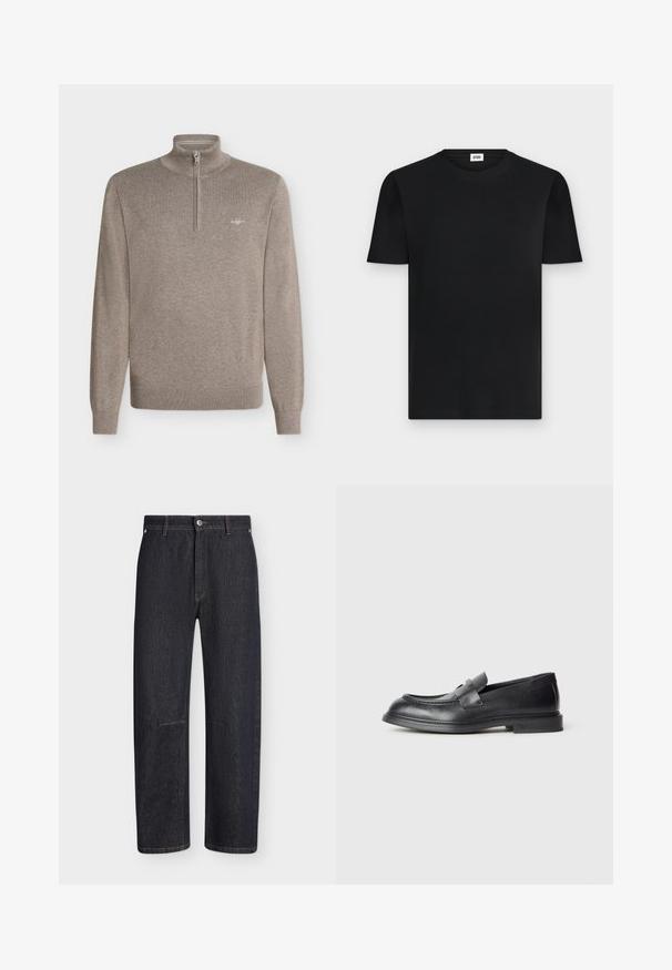 Pull à manches longues couleur taupe avec une demi-fermeture éclair et un petit logo brodé sur la poitrine gauche.; T-shirt noir en coton côtelé à manches courtes avec col rond et petite étiquette blanche à l'intérieur du col.; Jean bleu foncé droit avec fermeture avant par bouton et fermeture éclair, passants de ceinture et coutures visibles sur fond uni.; Mocassins en cuir noir avec une finition texturée, dotés d'une bride décorative à l'avant et d'un bout arrondi. Semelle en caoutchouc pour plus de durabilité.