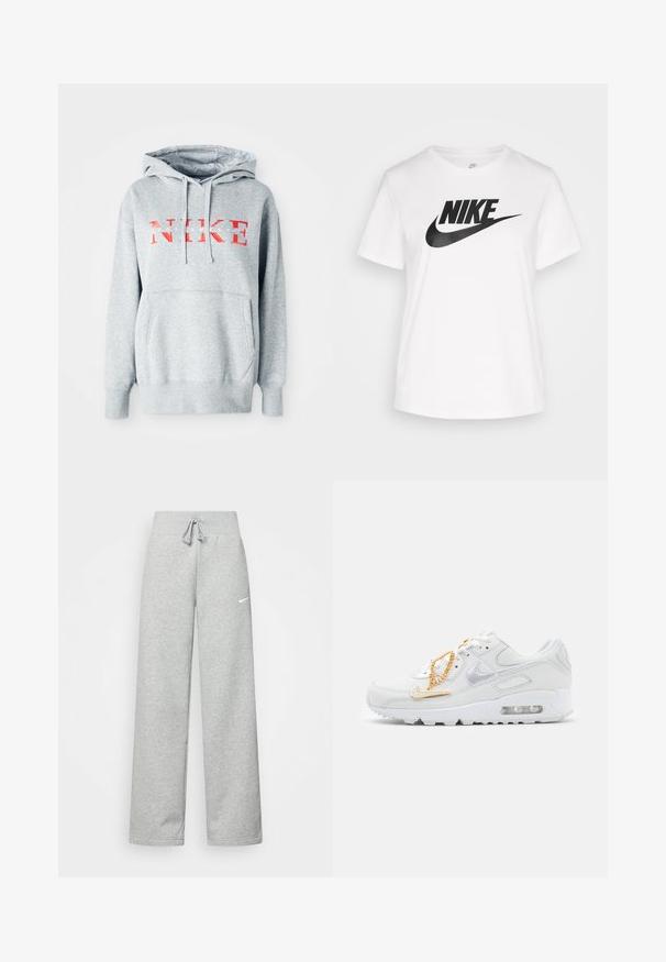 Grauer Hoodie mit Kapuze, der "NIKE" in fettem roten Text und "SPORTSWEAR" in kleinerem weißen Text zeigt. Enthält eine frontale Kängurutasche.; Weißes Baumwoll-T-Shirt mit Rundhalsausschnitt, kurzen Ärmeln und einem großen schwarzen Nike-Logo, das über die Brust gedruckt ist. Glatte Textur und lässiges Design.; Graue Jogginghose mit elastischem Bund, Kordelzug und kleinem weißen Nike-Logo am linken Oberschenkel. Weicher Stoff, locker sitzend.; Nike Sportswear AIR MAX 90 - Sneaker low - summit white/dark beetroot/white/metalic gold