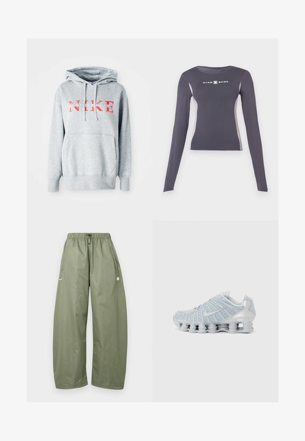 Sudadera gris con capucha, que presenta "NIKE" en texto rojo negrita y "SPORTSWEAR" en texto blanco más pequeño. Incluye un bolsillo frontal tipo canguro.; Camiseta deportiva ajustada de manga larga color gris oscuro con paneles laterales gris claro y logo "Nike Shox" en blanco en el pecho.; Pantalones de corte suelto en color verde oliva con cintura elástica, cordón ajustable, bolsillos laterales y un pequeño logo verde claro en el muslo izquierdo.; Zapatilla deportiva gris claro con suela acolchada segmentada y parte superior de malla, con un logo swoosh en el lateral.