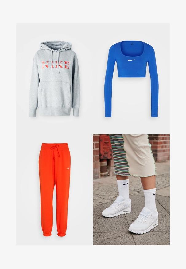 Hall gray sviiter kapuutsiga, millel on julgelt punases kirjas "NIKE" ja väiksemates valgetes tähtedes "SPORTSWEAR". Käterätik on varustatud ees oleva kangaroo-taskuga.; Nike Sportswear W NSW LS CROP TOP SW - Pikkade varrukatega topp - game royal/phantom; Nike Sportswear W PHNX FLC HR OS - Dresside alumine osa - picante red/sail; Valged Nike Air Max 90 sneaksid, millel on silmade ja nahast pealispind, nähtava õhuüksusega, koos valgete soonikute sokkidega musta logoga.